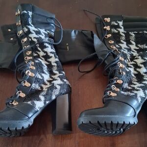 AKIRA Monochrome Lace-Up Boots with Chunky Heel